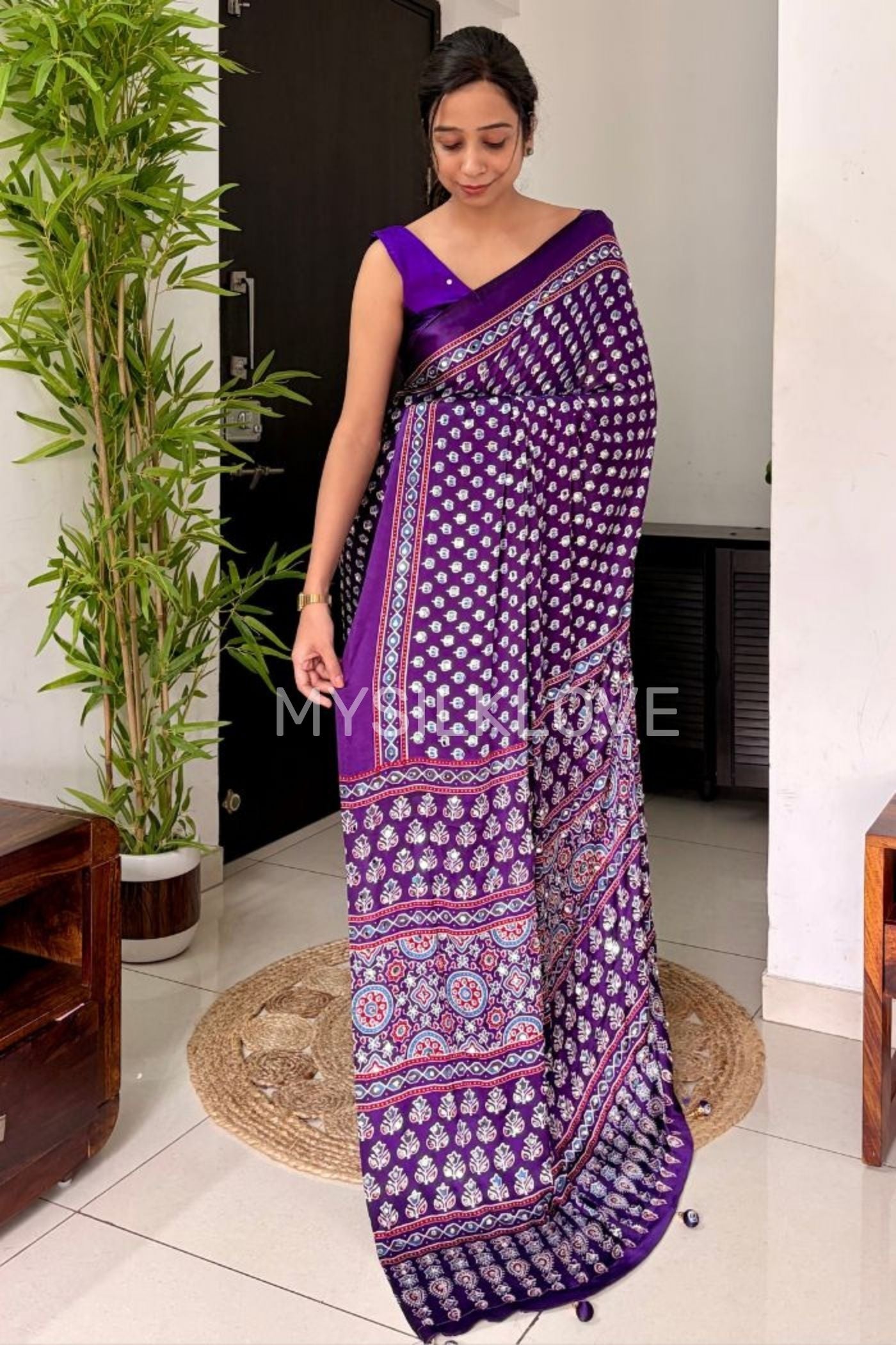Buy MySilkLove Regalia Purple Modal Ajrakh Satin Printed Mirror Work Saree Online