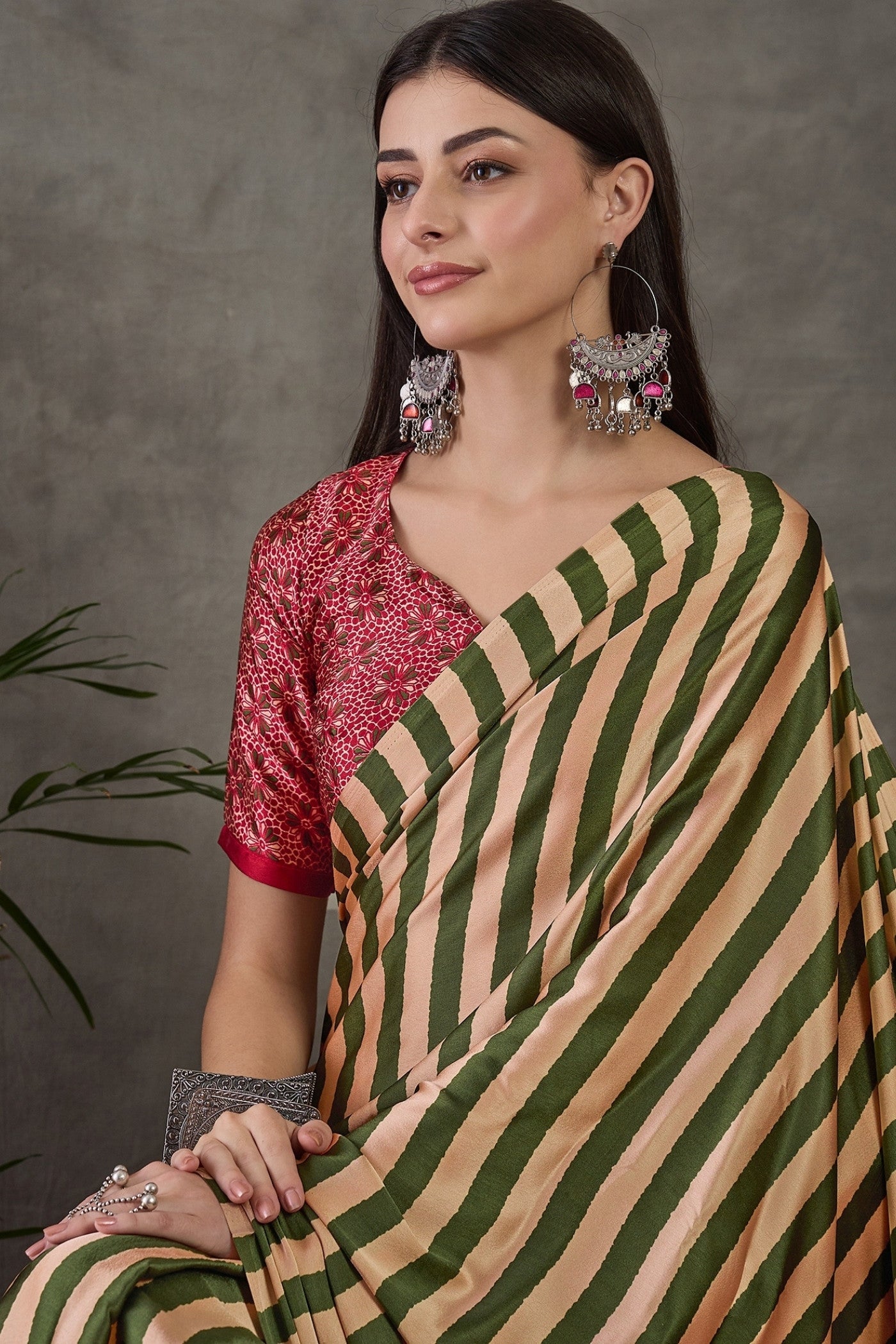 Buy MySilkLove Avocado Green Stripe Ajrakh Printed Satin Gaji Silk Saree Online