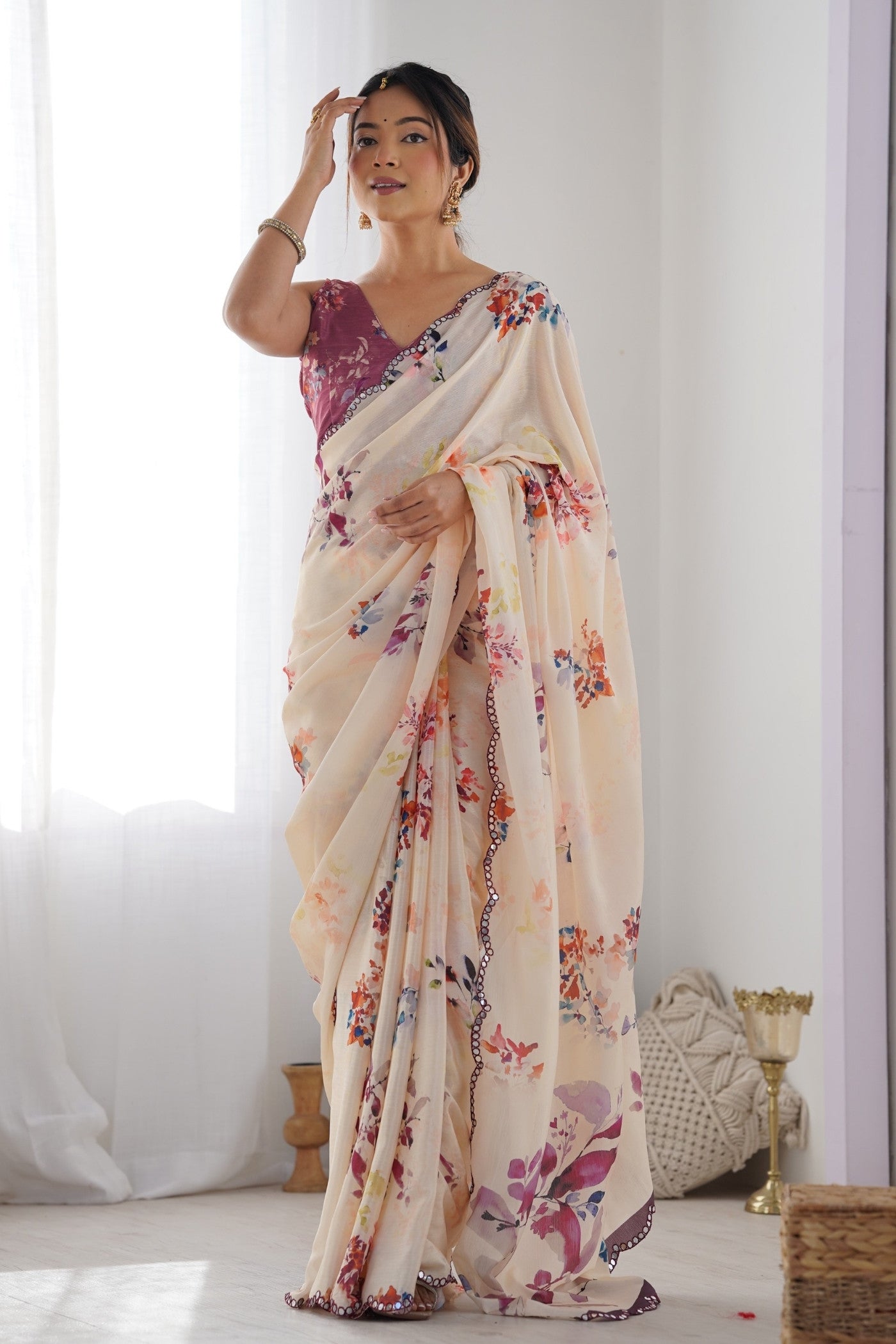 Buy MySilkLove Vanila Cream Digital Printed Chinon Saree Online