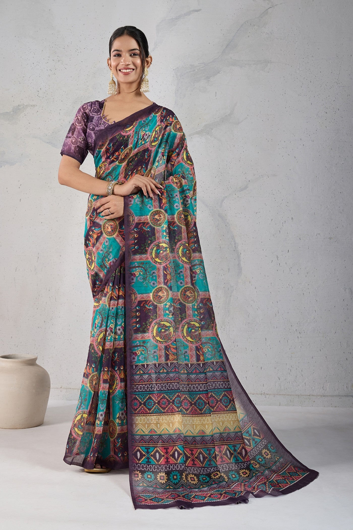 Buy MySilkLove Dull Blue Digital Printed Saree Online