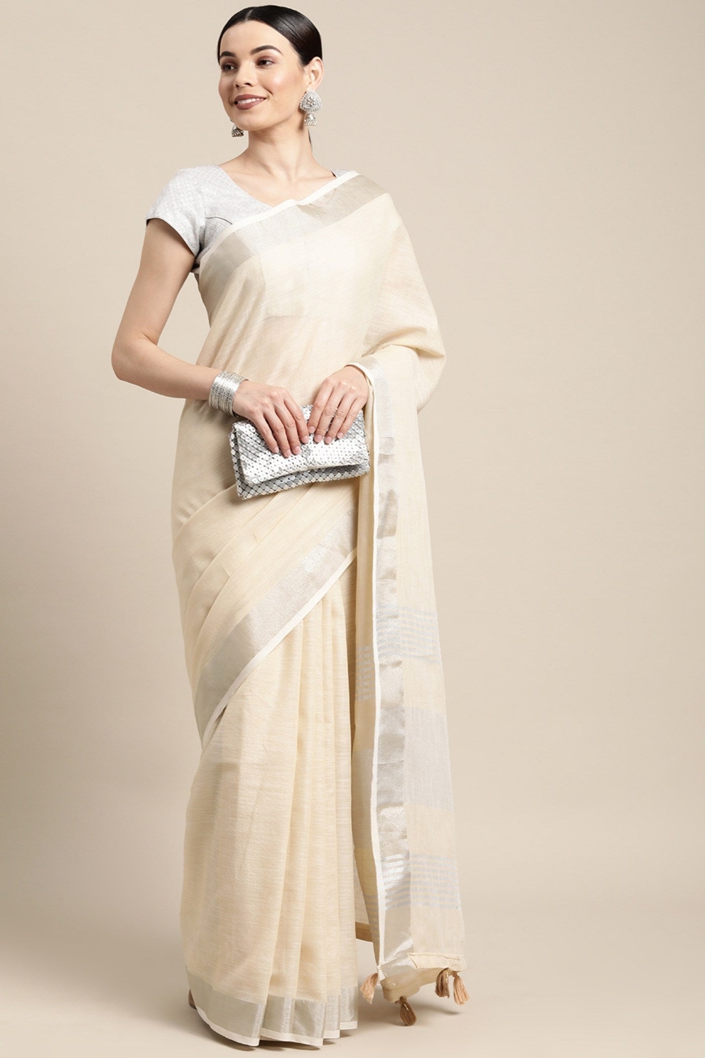 MySilkLove Flax Cream Woven Linen Cotton Saree