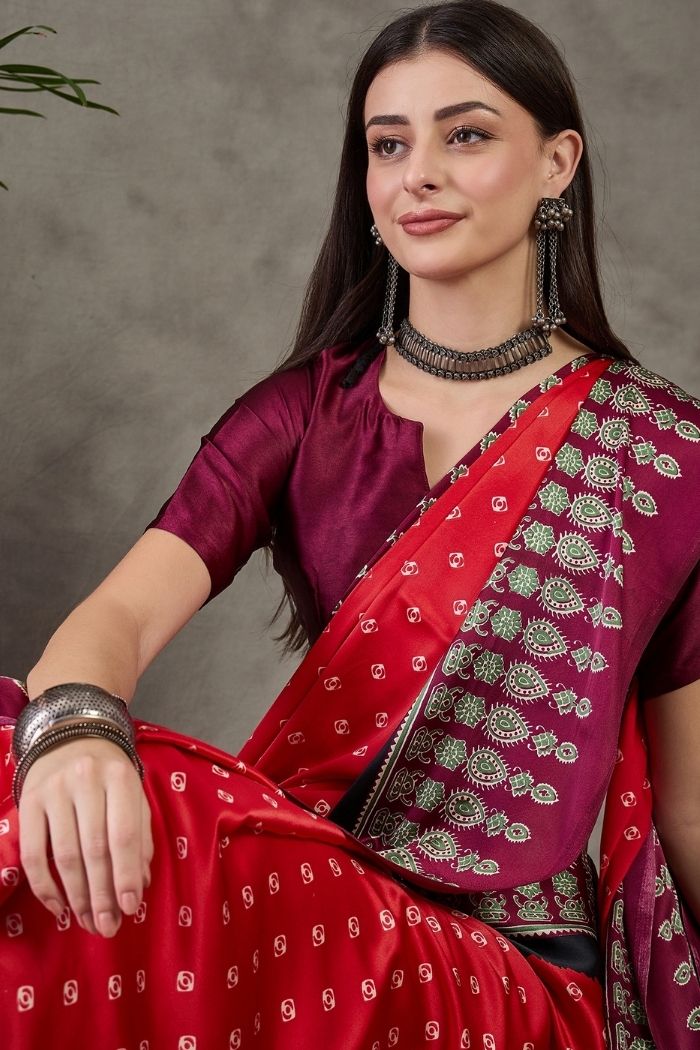 Buy MySilkLove Brick Red Ajrakh Printed Satin Gaji Silk Saree Online