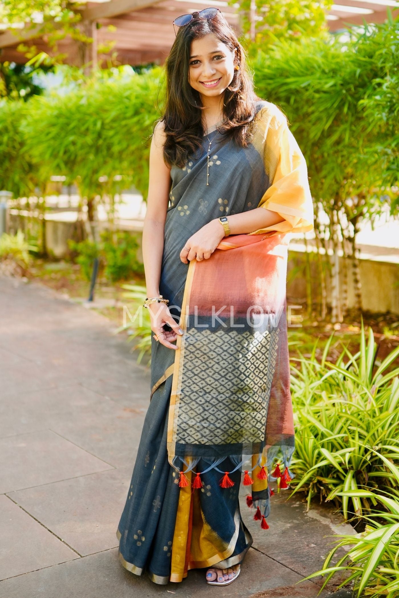 MySilkLove Ink Black and Yellow Handloom Cotton Saree