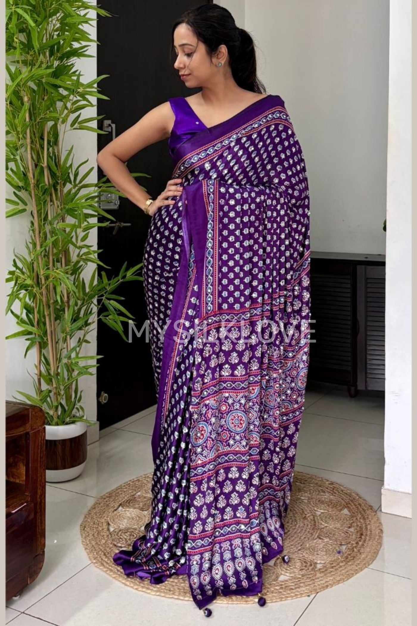 Buy MySilkLove Regalia Purple Modal Ajrakh Satin Printed Mirror Work Saree Online