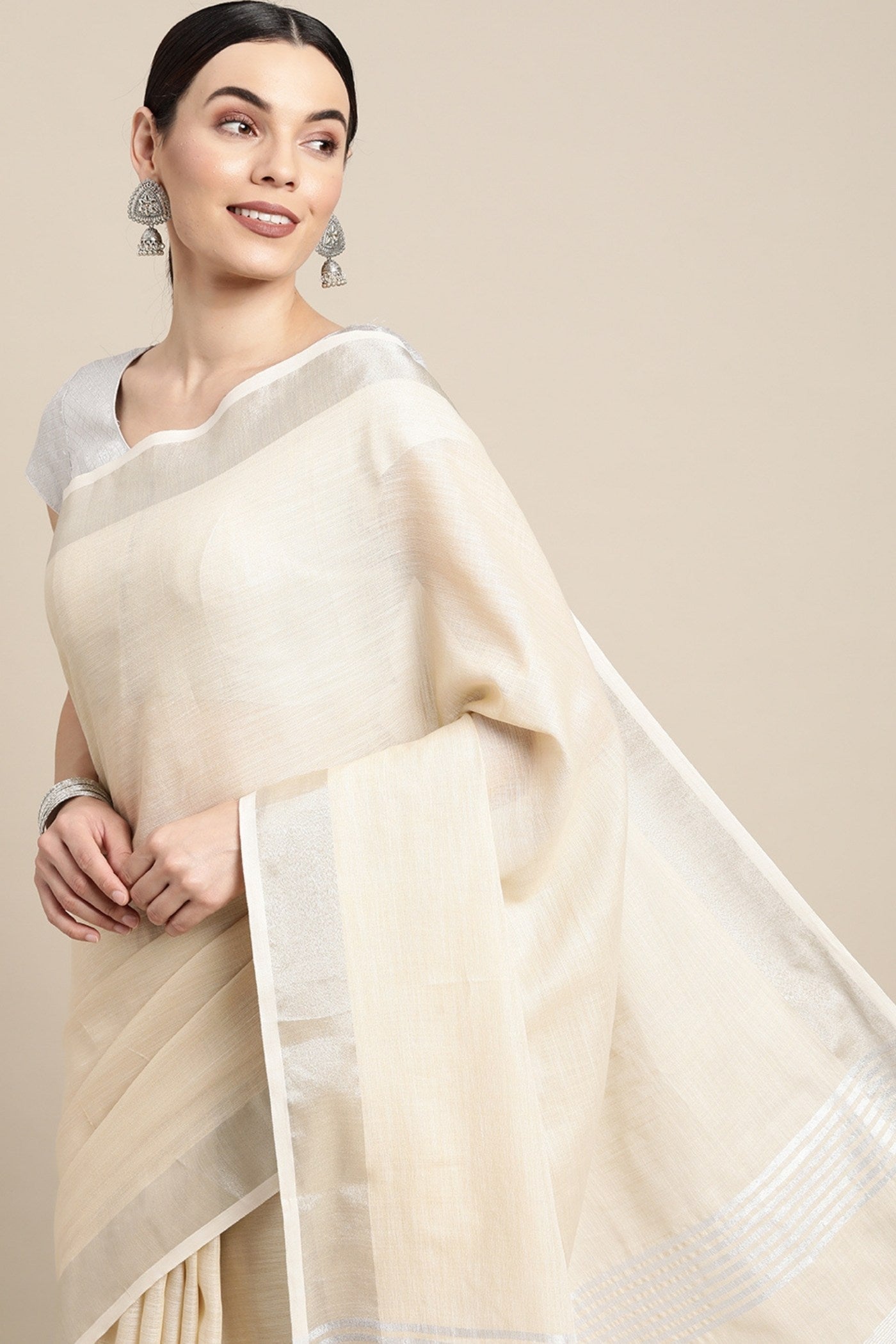 Buy MySilkLove Flax Cream Woven Linen Cotton Saree Online