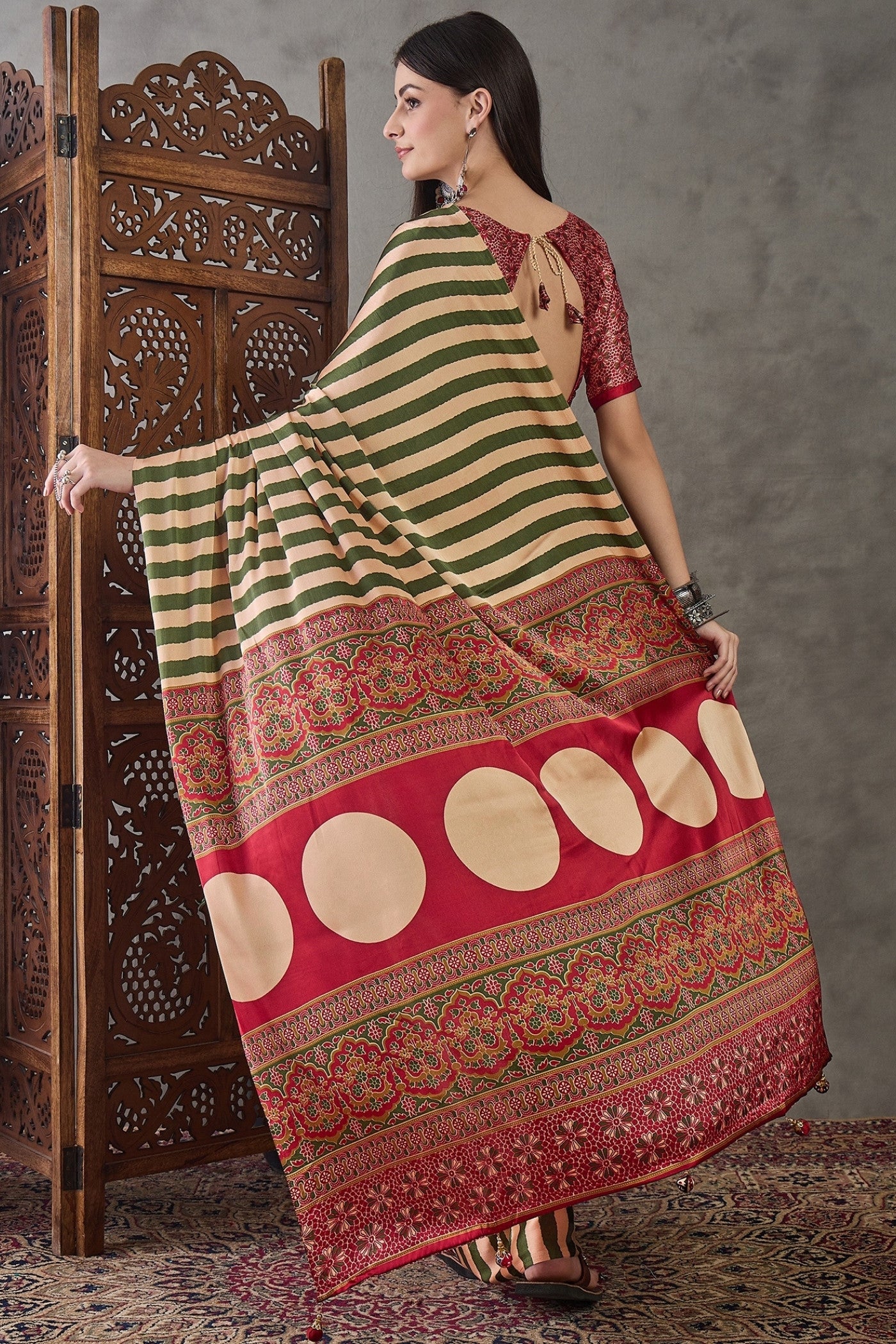 Buy MySilkLove Avocado Green Stripe Ajrakh Printed Satin Gaji Silk Saree Online