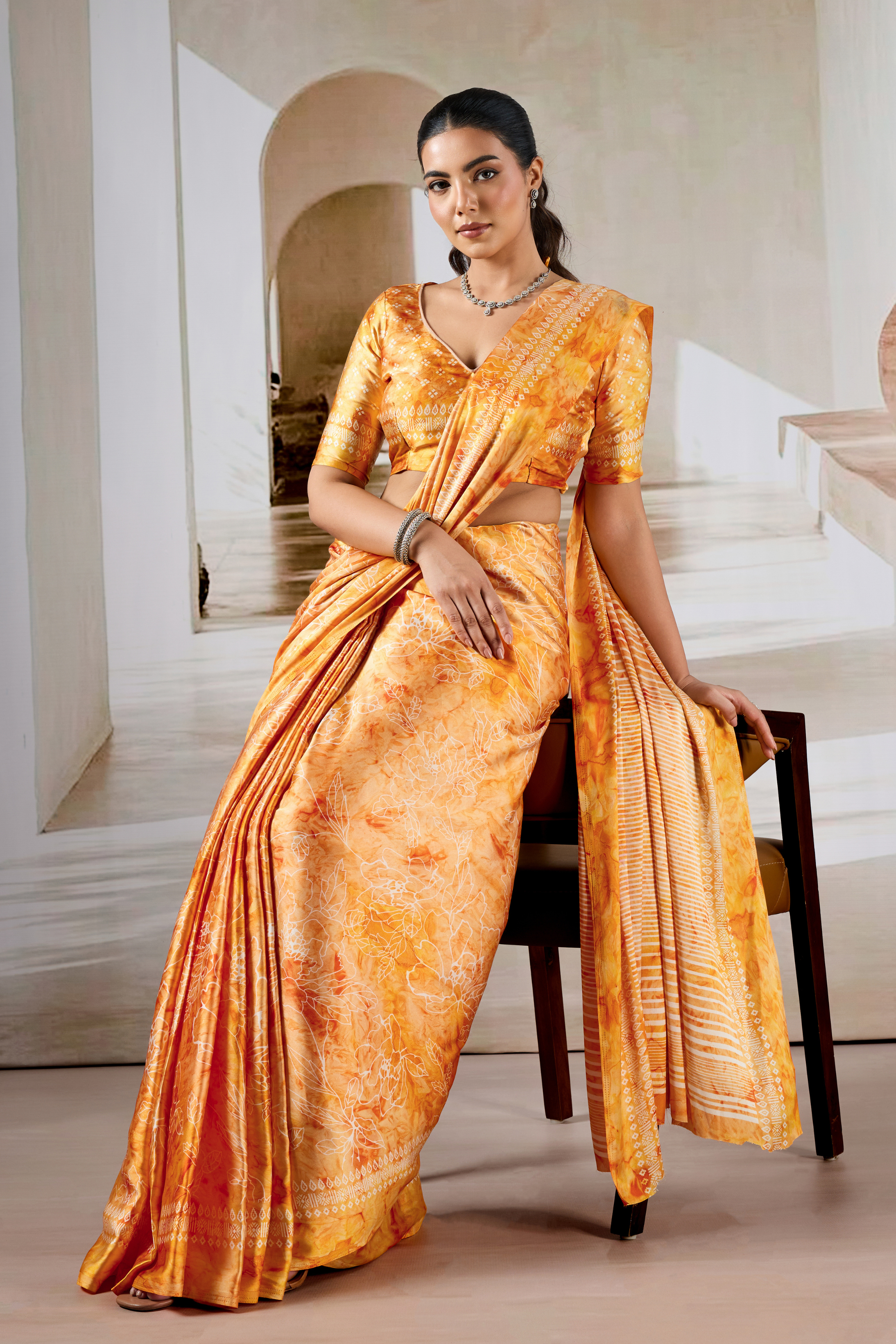 Buy MySilkLove Honey Yellow Modal Satin Hand Prism Print Saree Online