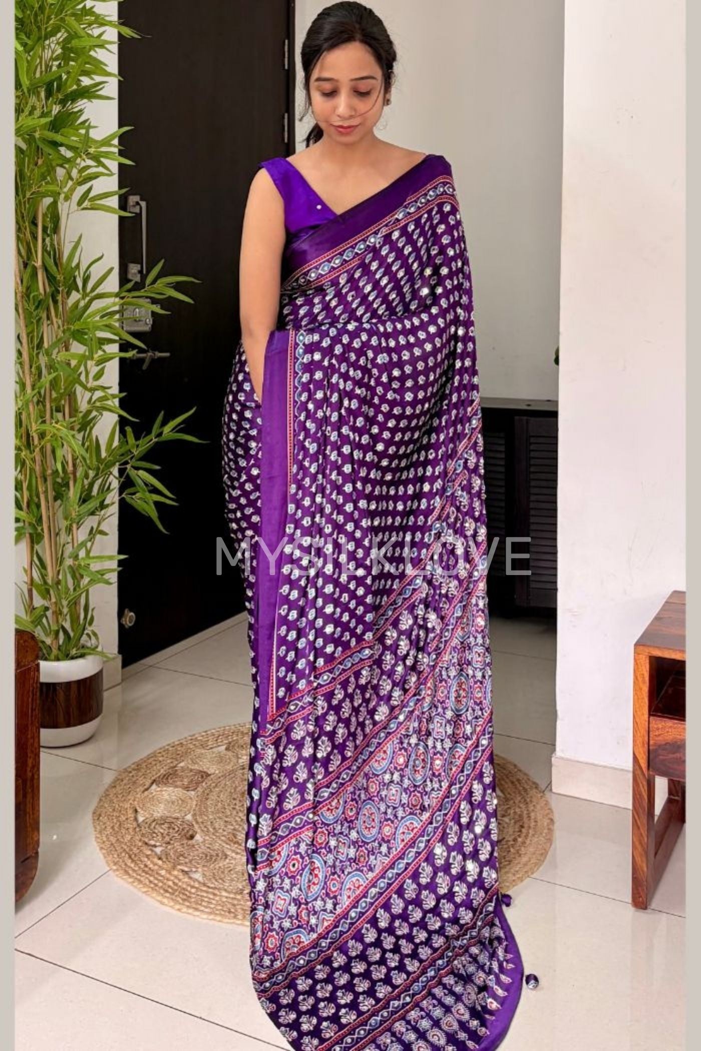 Buy MySilkLove Regalia Purple Modal Ajrakh Satin Printed Mirror Work Saree Online