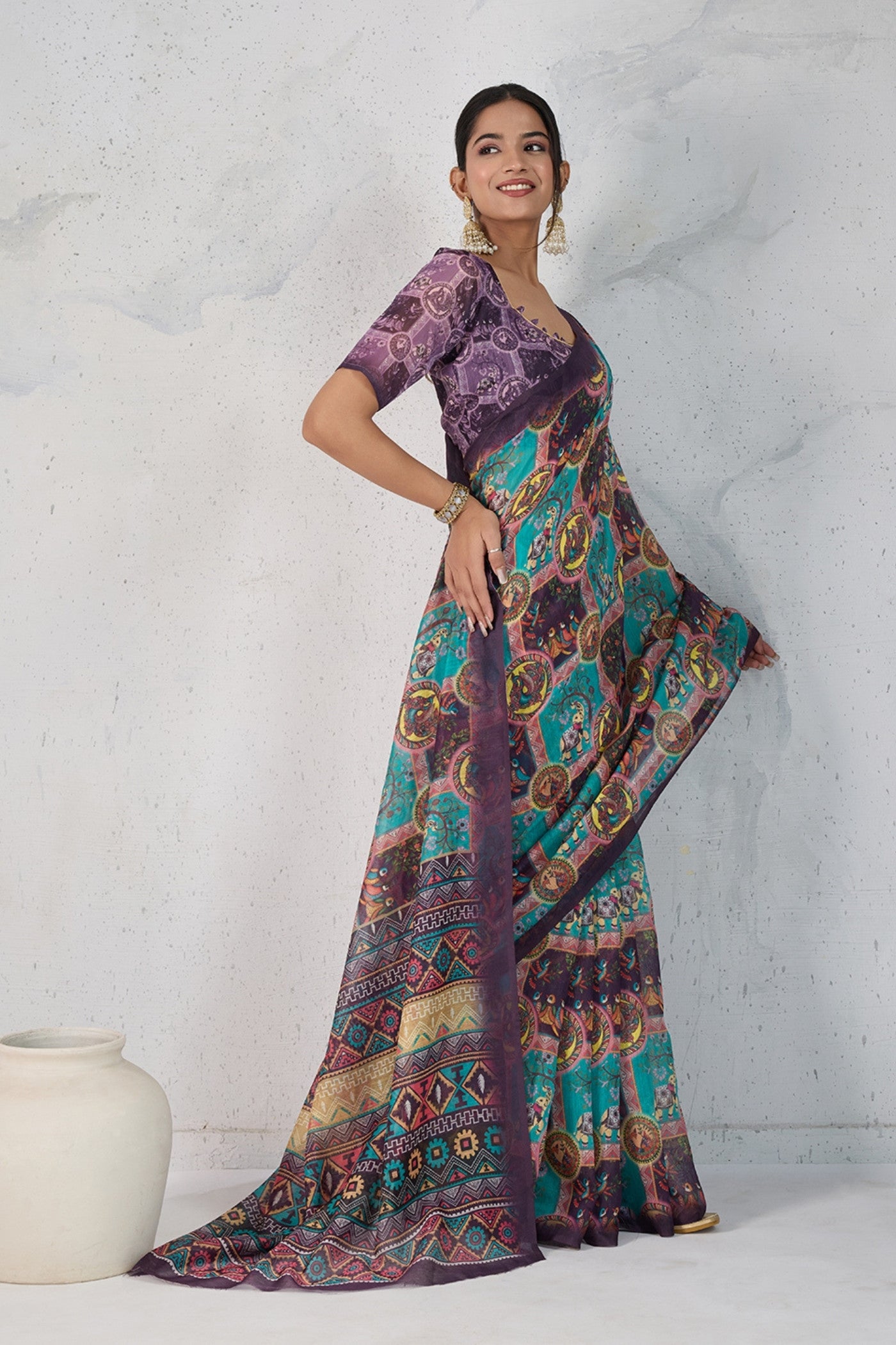 Buy MySilkLove Dull Blue Digital Printed Saree Online
