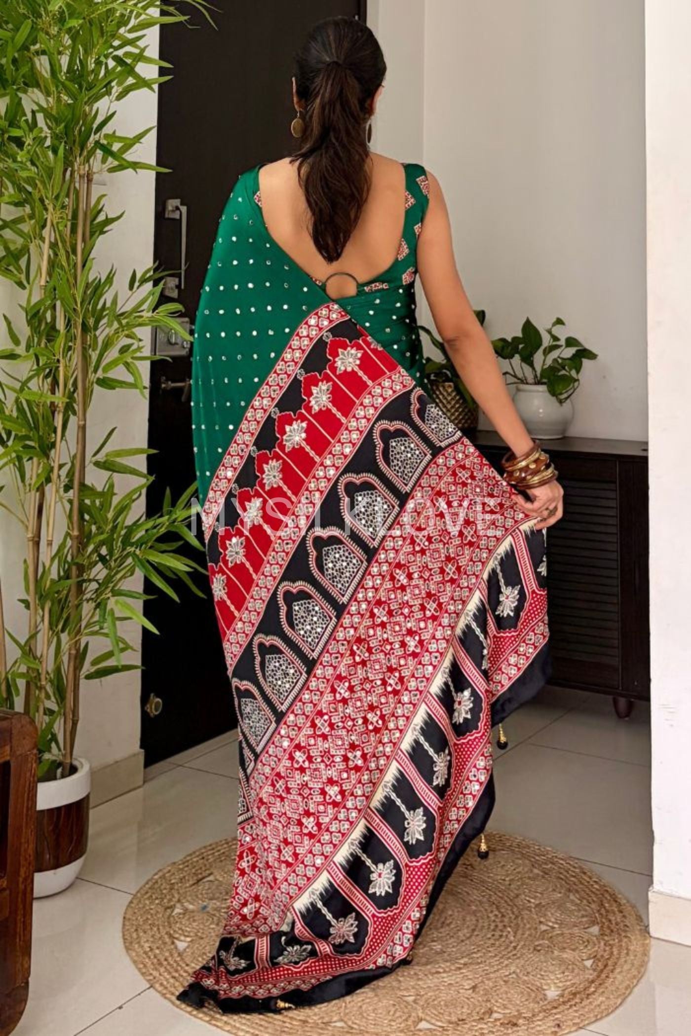 Buy MySilkLove Fire Fly Green Ajrakh Satin Printed Mirror Work Saree Online