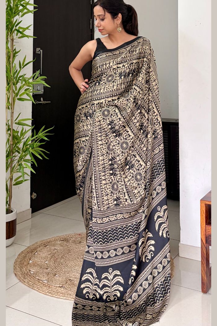 Buy MySilkLove Black Cat Modal Satin Kalamkari Printed Saree Online