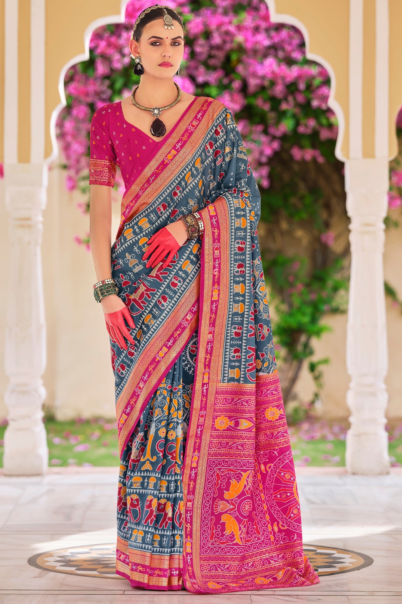 Buy MySilkLove Horizon Blue and Pink Printed Patola Saree Online