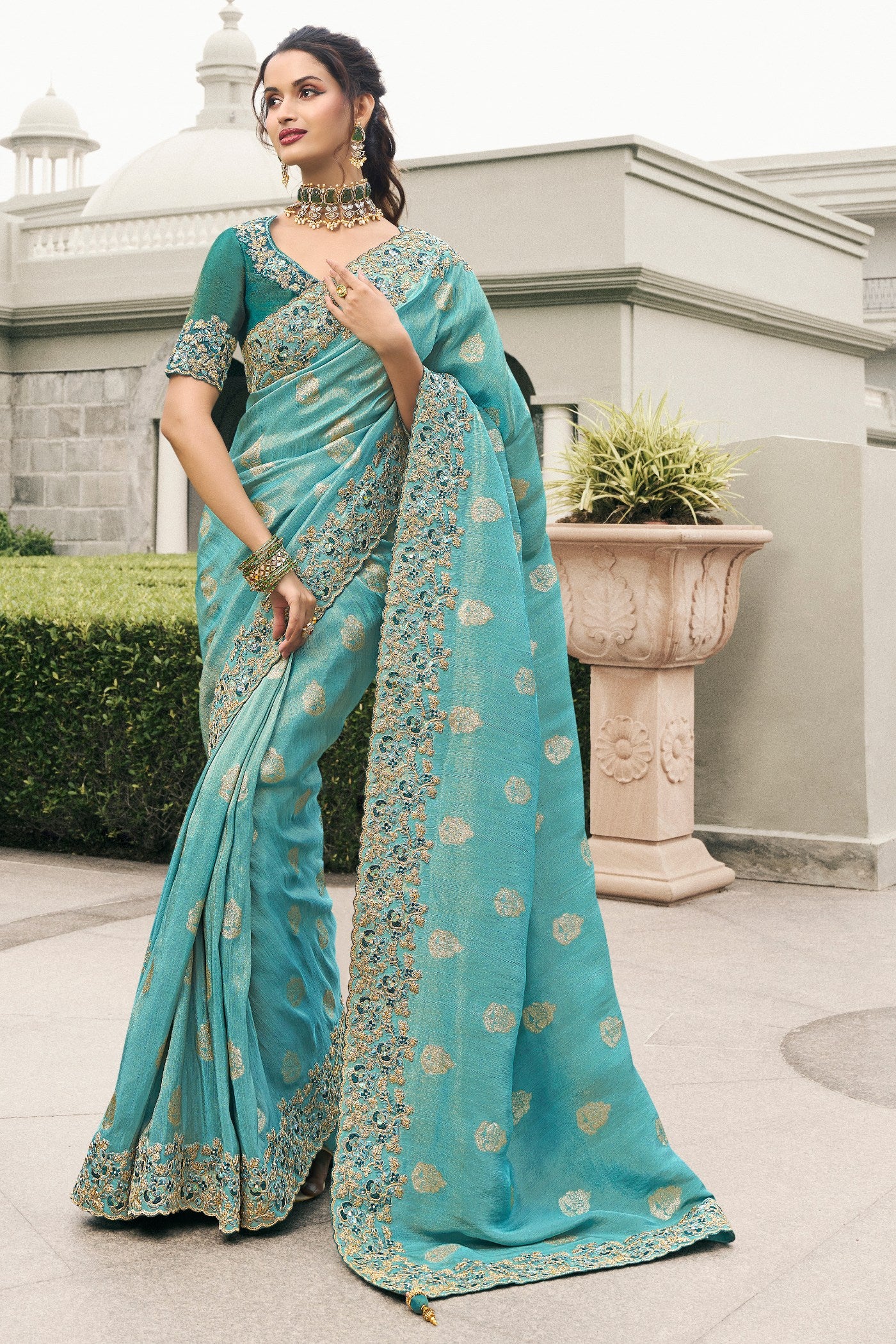 Buy MySilkLove Sky Blue Banarasi Designer Embroidered Saree Online