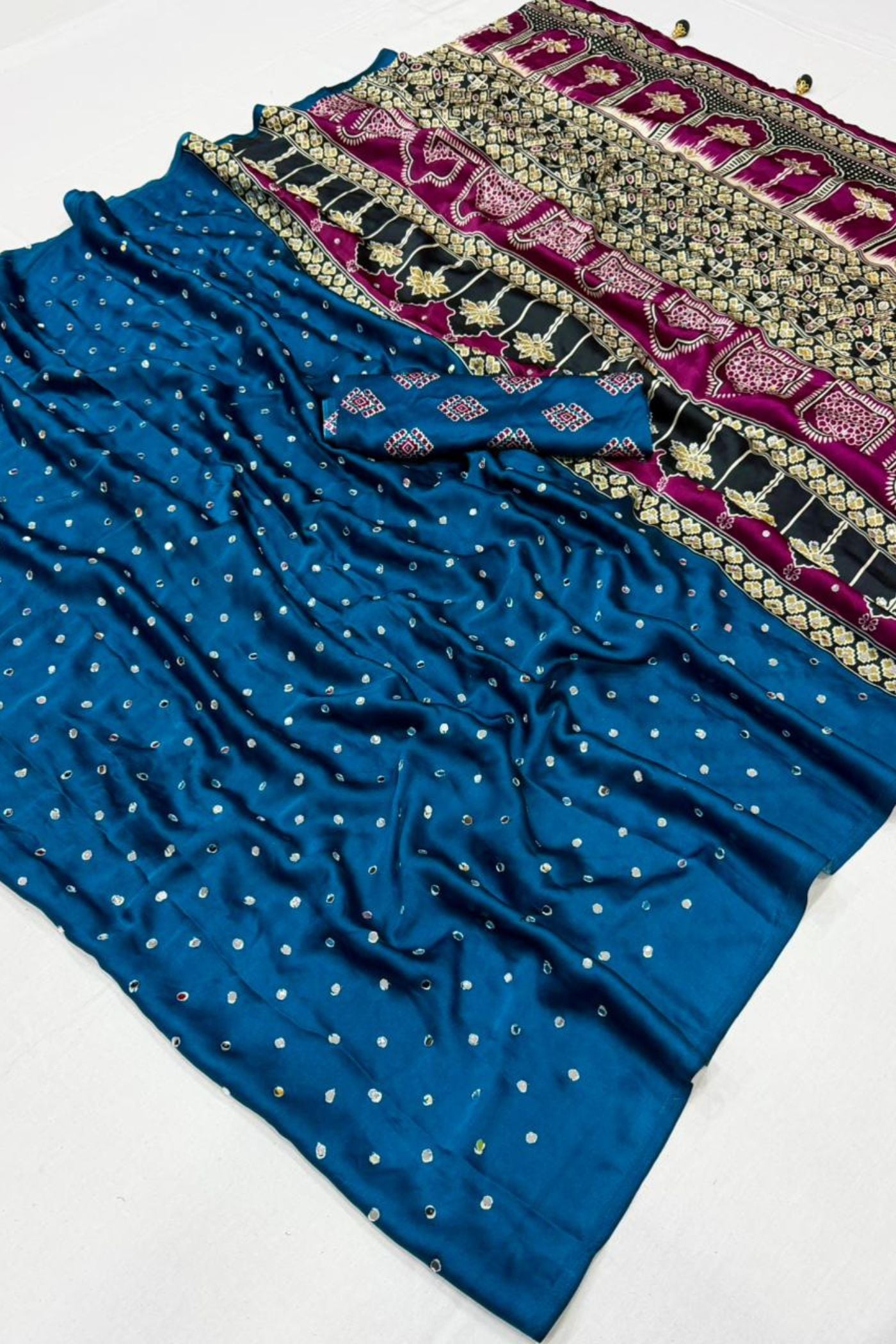 Buy MySilkLove Fire Fly Green Ajrakh Satin Printed Mirror Work Saree Online