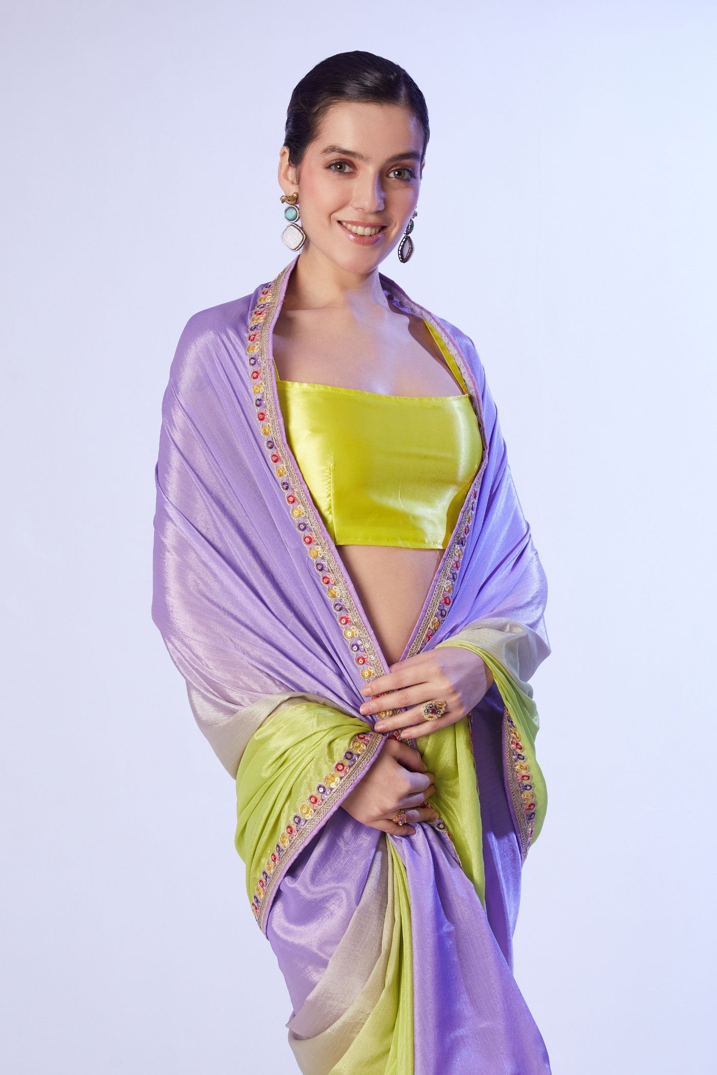 Buy MySilkLove Neon Yellow and Purple Designer Partywear Saree Online