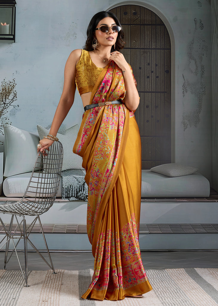 Buy MySilkLove Daisy Yellow Printed Satin Crepe Silk Saree Online