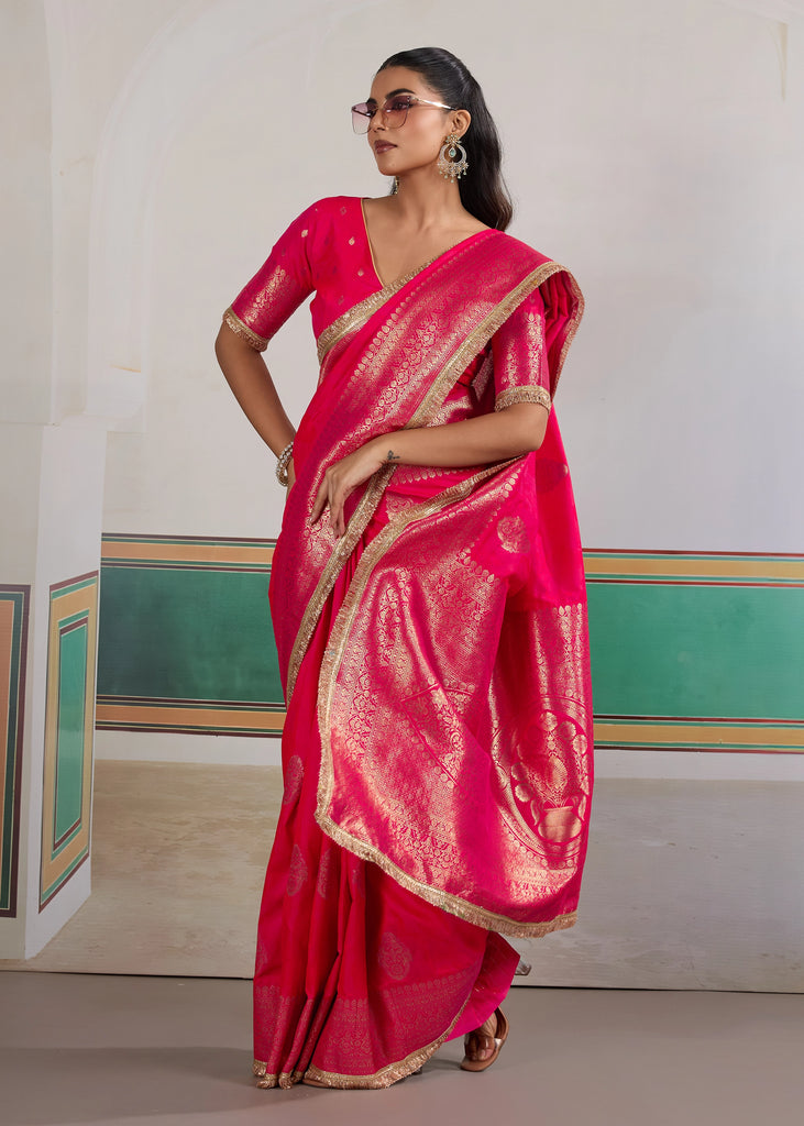 Buy MySilkLove Solid Pink Woven Banarasi Satin Silk Saree Online