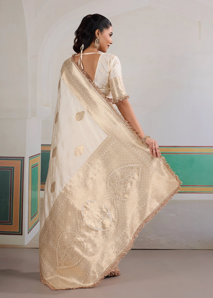 Buy MySilkLove Floral White Woven Banarasi Satin Silk Saree Online