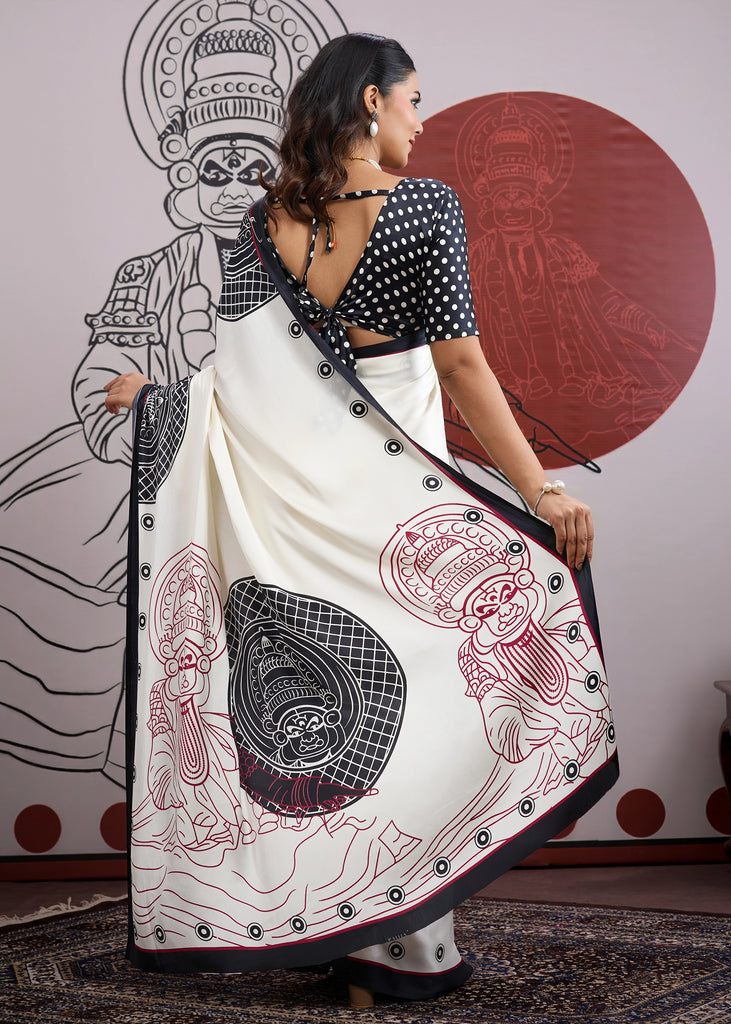 Buy MySilkLove Cool Black and White Printed Satin Crepe Silk Saree Online