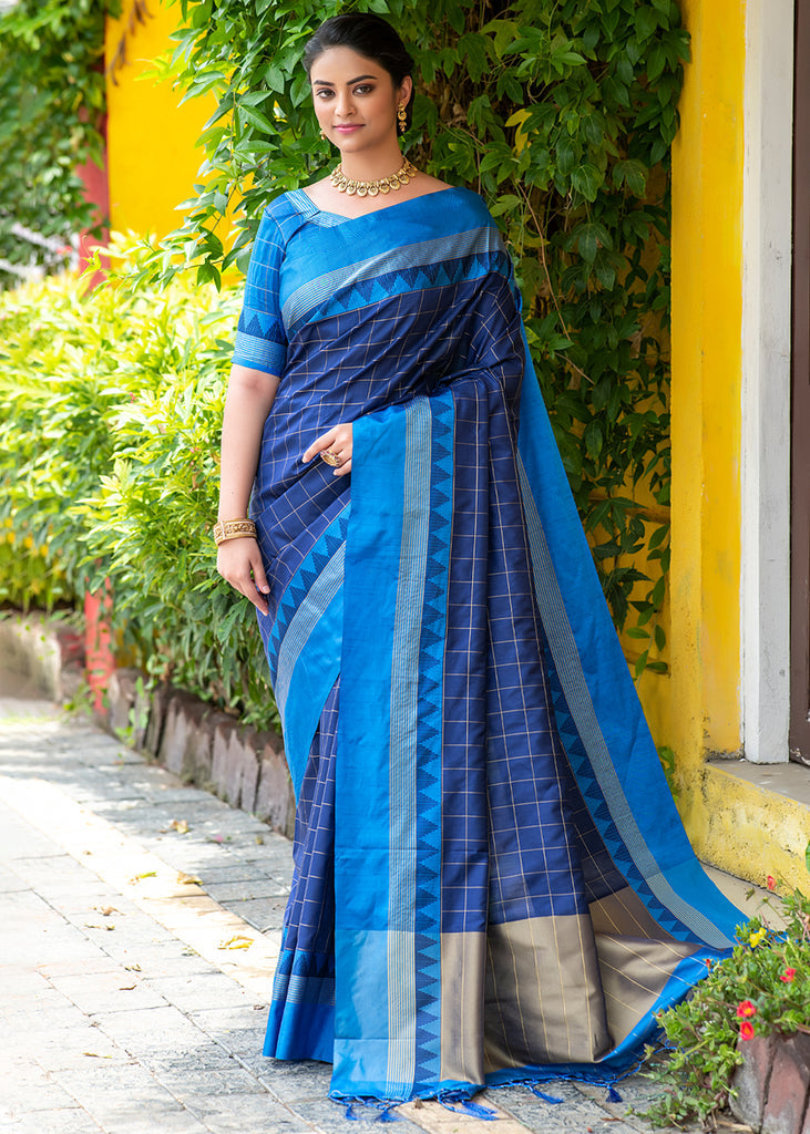 Buy MySilkLove Royal Blue Handloom Raw Silk Saree Online
