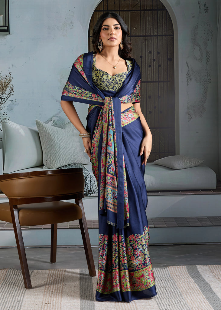 Buy MySilkLove Vivid Blue Printed Satin Crepe Silk Saree Online