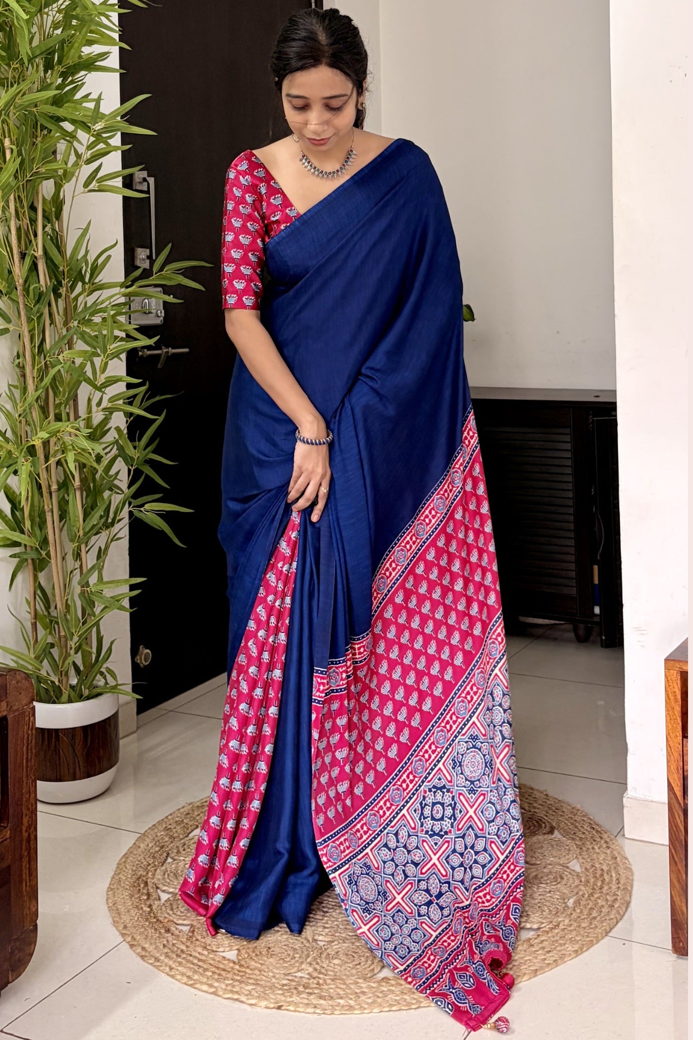 Buy MySilkLove Starlit Blue and Pink Ajrakh Printed Satin Crepe Silk Saree Online