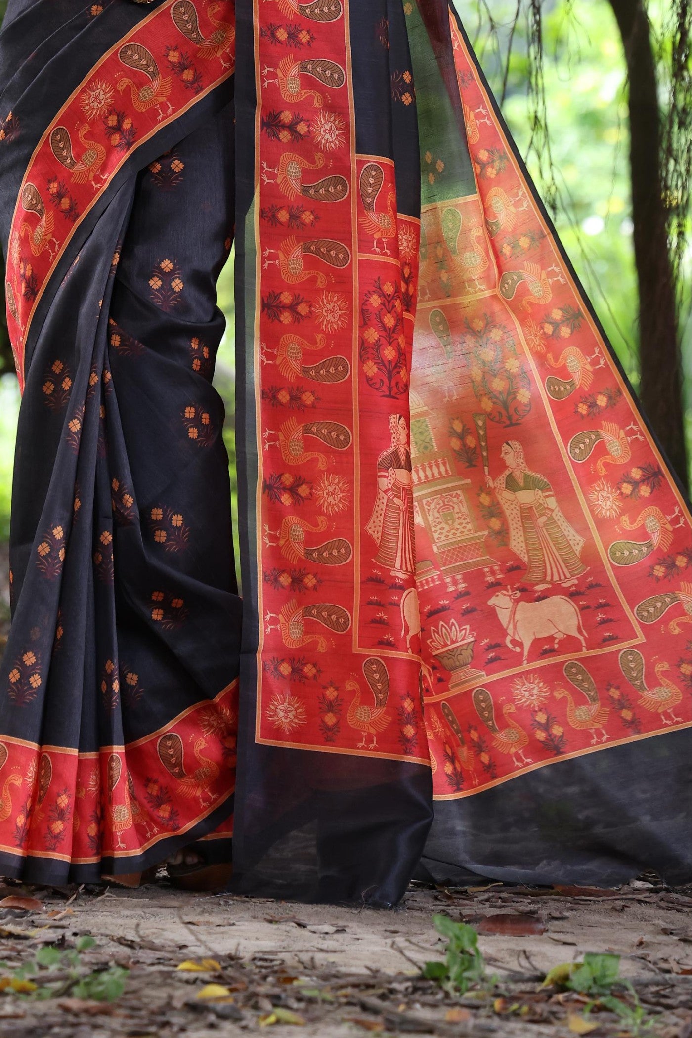 Buy MySilkLove Stone Black Madhubani Tussar Printed Silk Saree Online