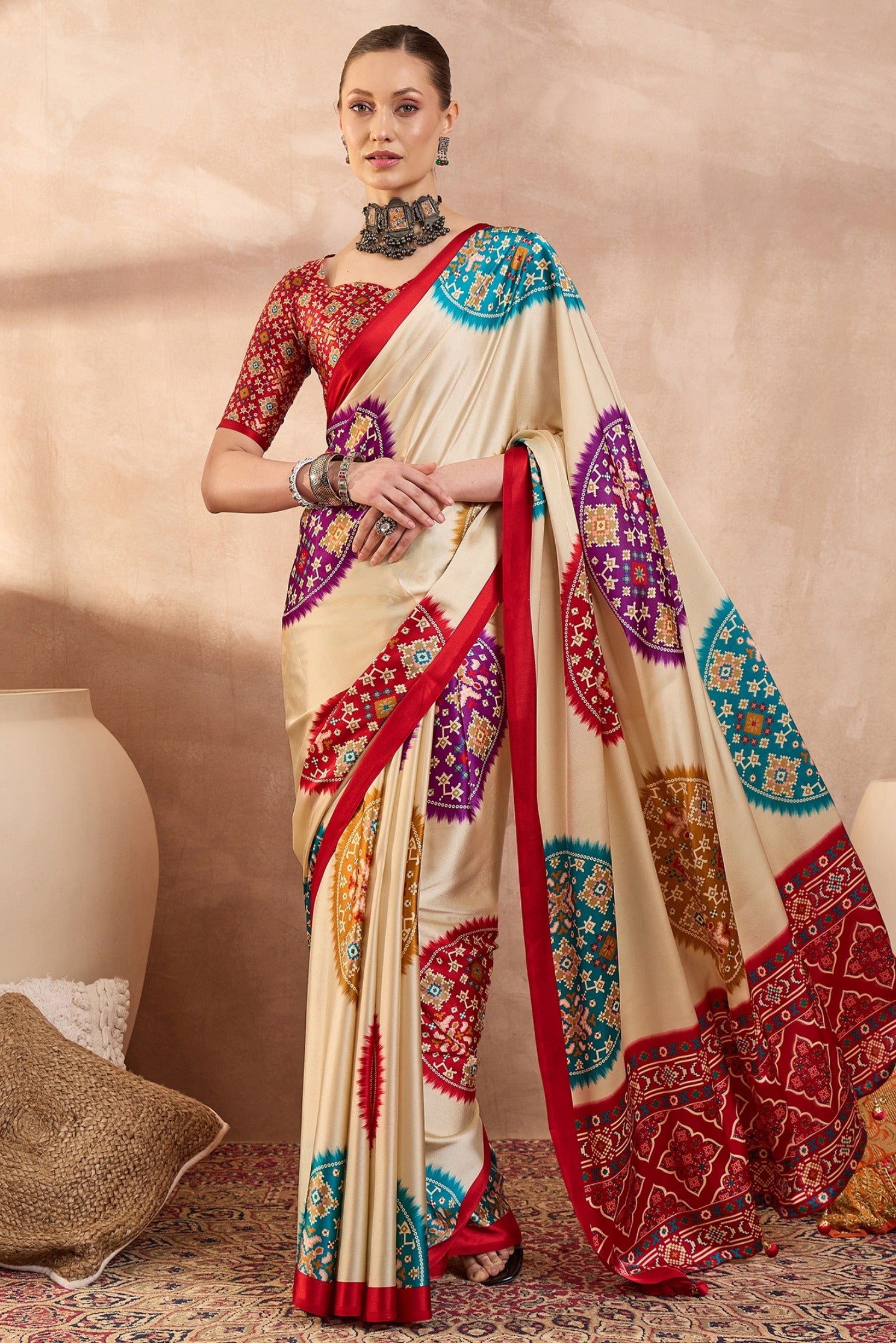 Buy MySilkLove Bright Cream and Red Modal Ajrakh Printed Silk Saree Online