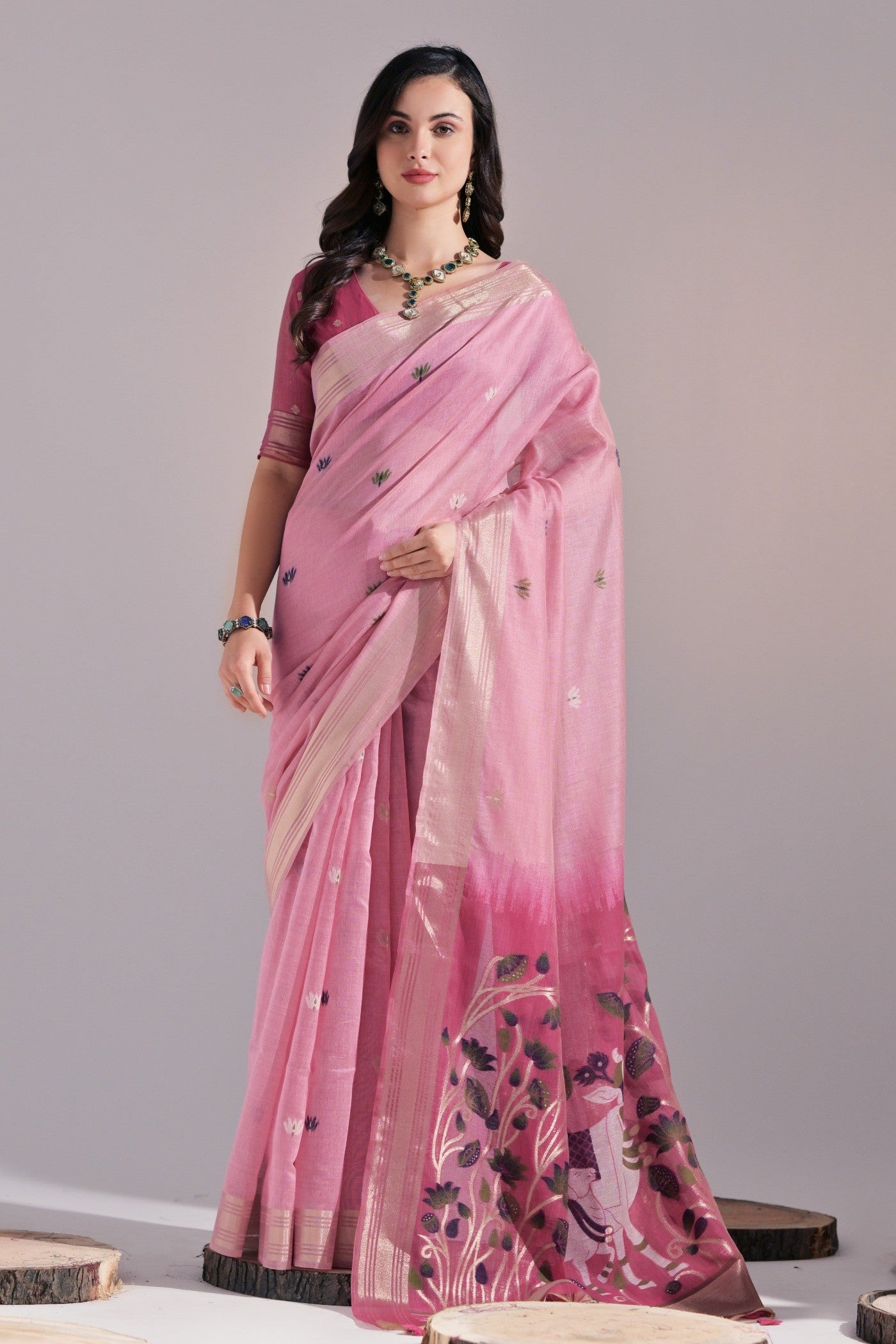 Buy MySilkLove Baby Pink Woven Muga Cotton Saree Online