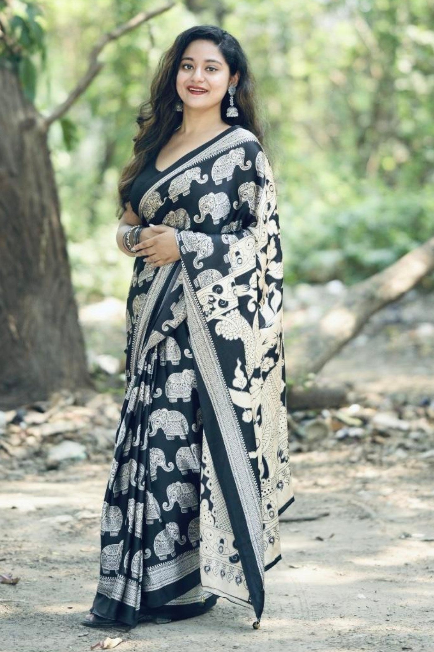 Buy MySilkLove Black Eel Ajrakh Printed Satin Crepe Silk Saree Online
