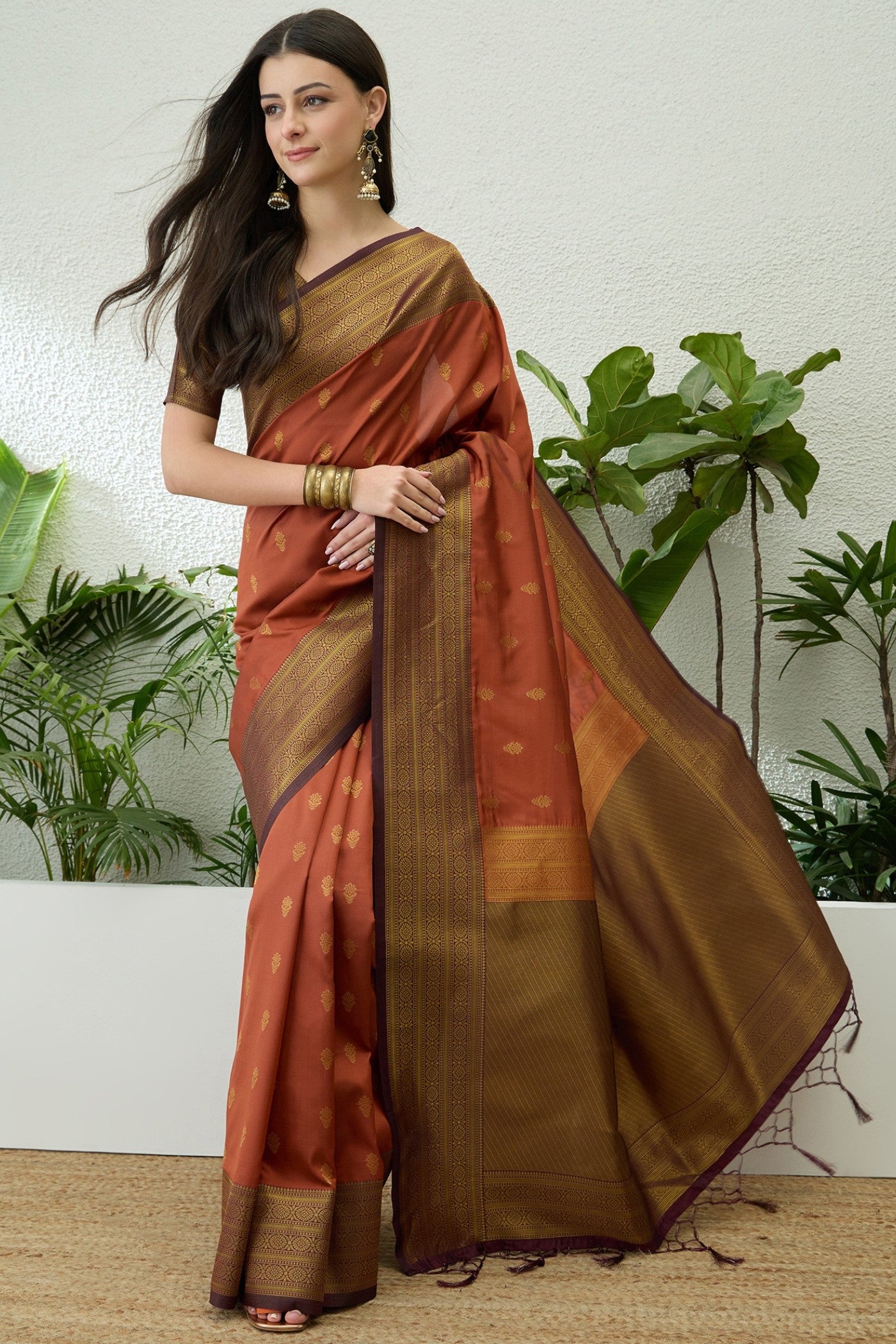 Buy MySilkLove Chestnut Brown Banarasi Woven Soft Silk Saree Online
