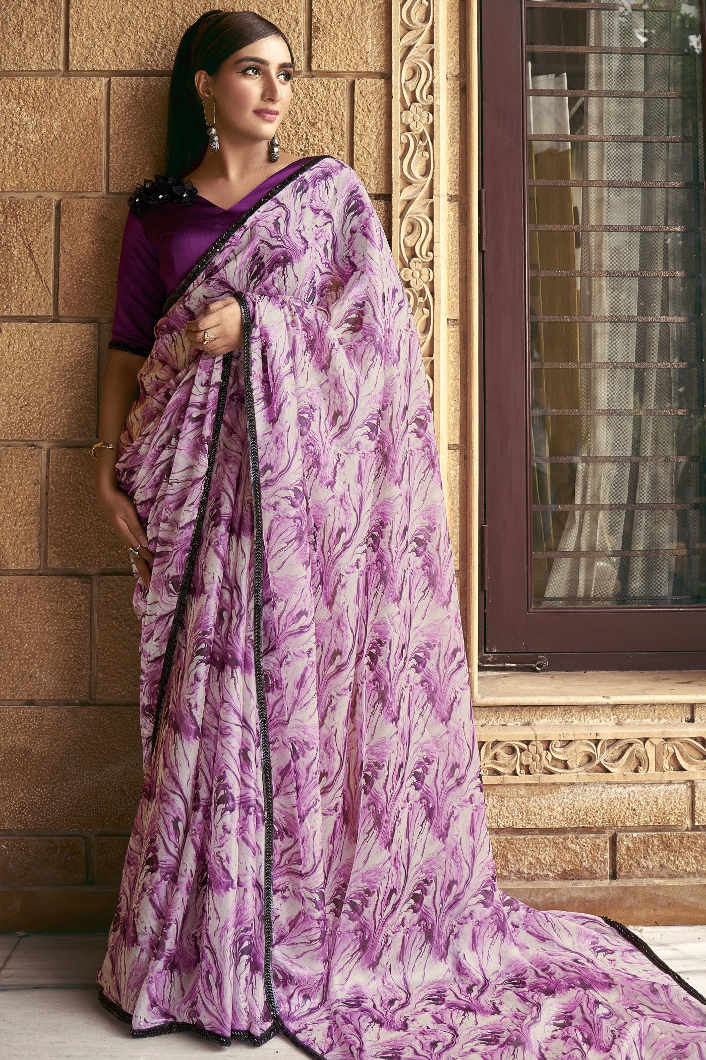 Buy MySilkLove Sugar Plum Purple Satin Printed Silk Saree Online