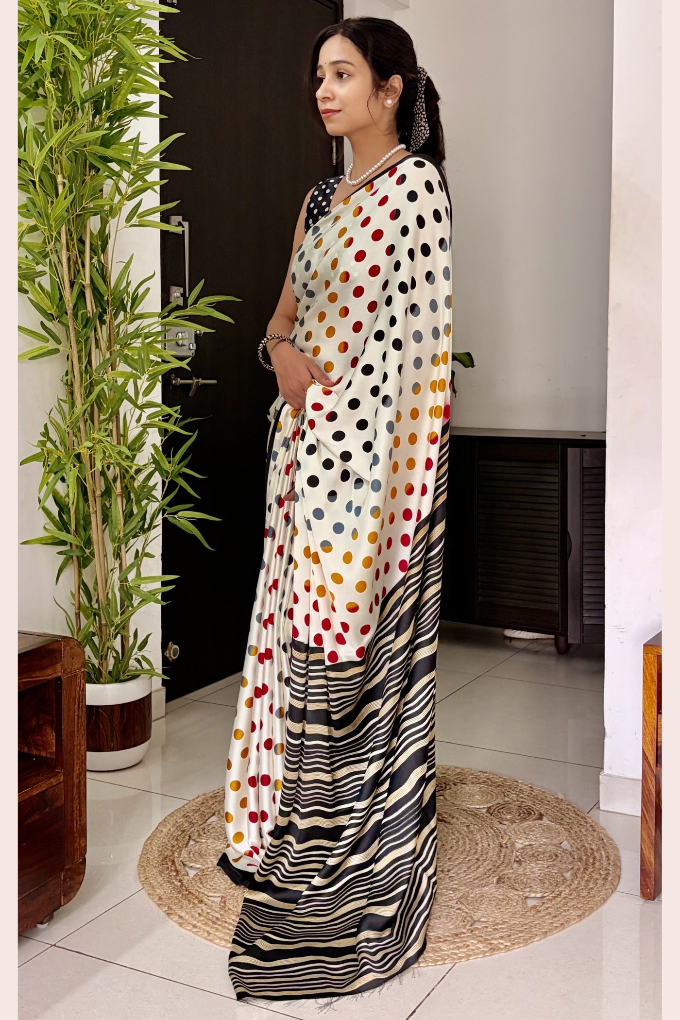 Buy MySilkLove Celestial White and Black Patola Printed Satin Crepe Saree Online