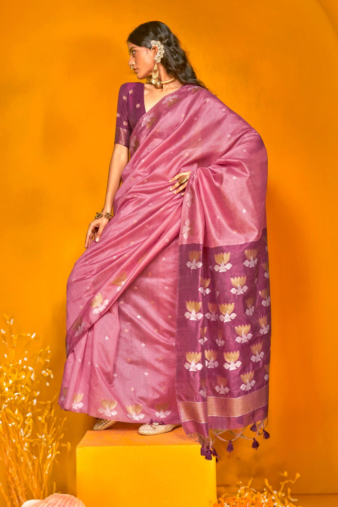 Buy MySilkLove Blush Pink Tussar Handloom Silk Saree Online