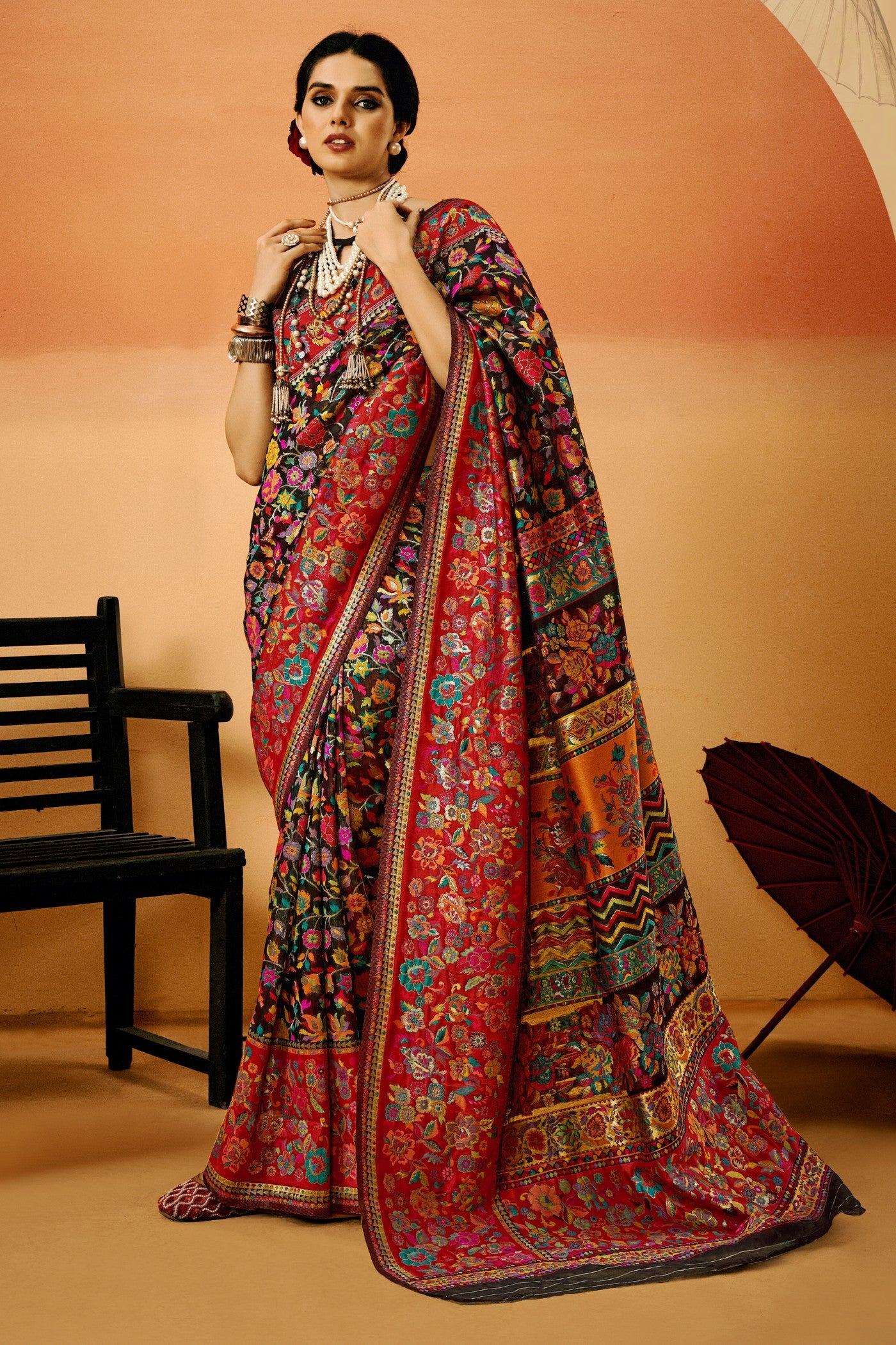 Buy MySilkLove Raven Black Kashmiri Handloom Jamewar Saree Online