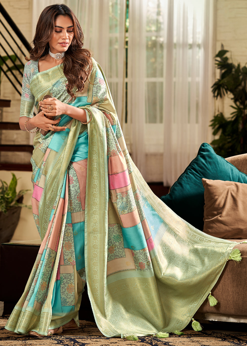 Buy MySilkLove Green hellebore Banarasi Digital Printed Soft Silk Saree Online