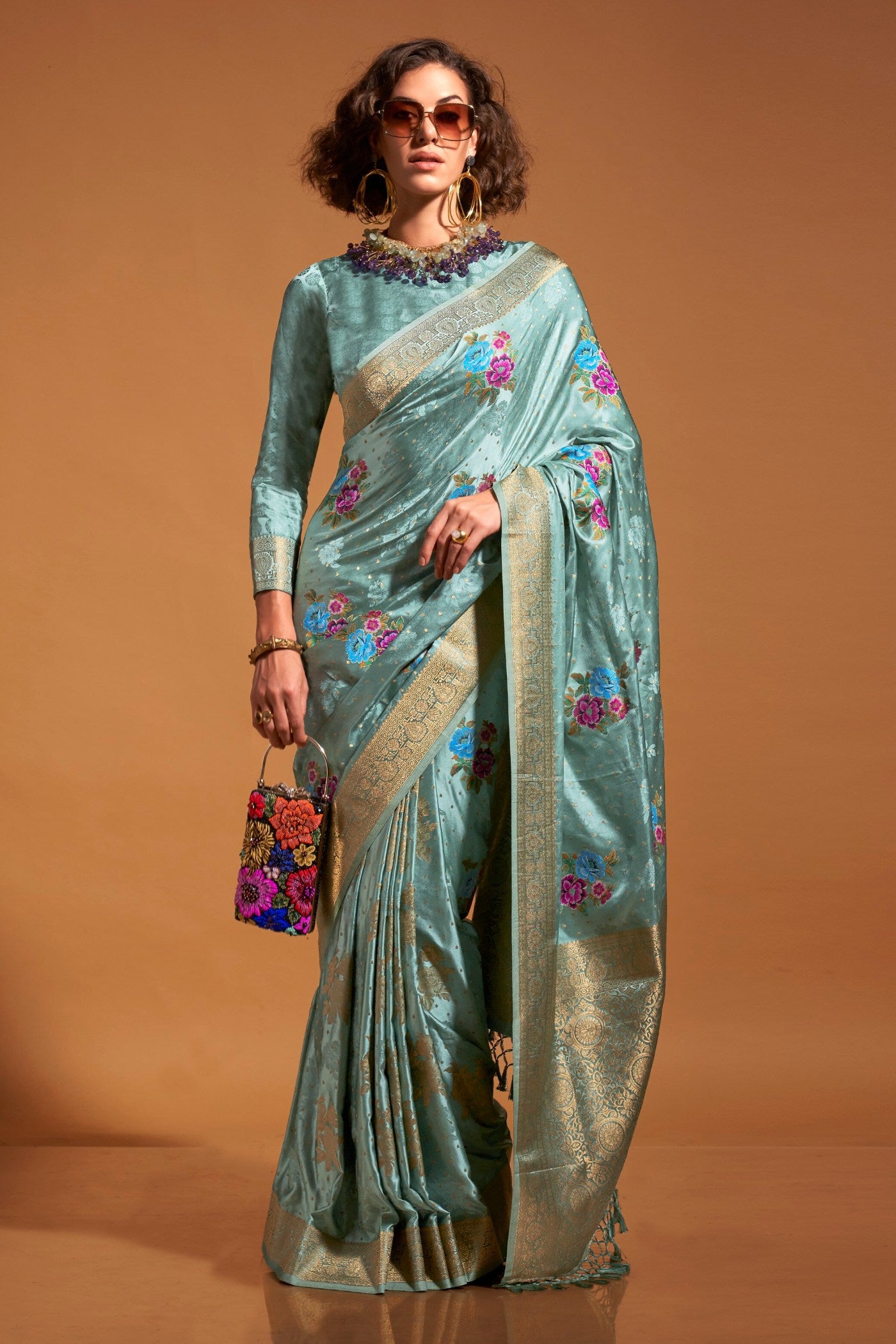 Buy MySilkLove Summer Blue Handloom Satin Silk Saree Online