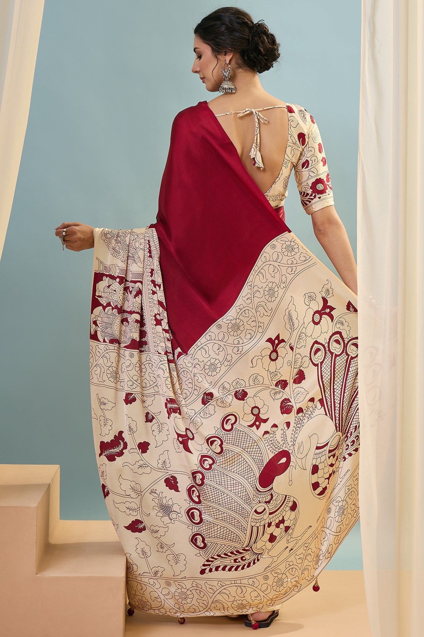 Buy MySilkLove Berry Red Ajrakh Printed Satin Crepe Silk Saree Online