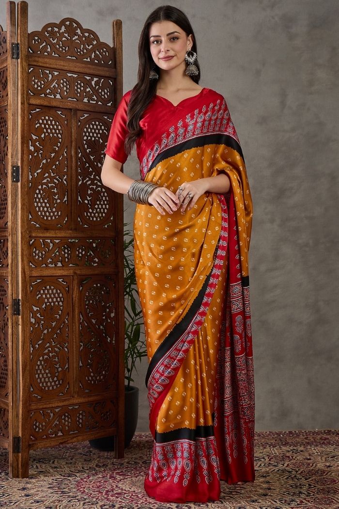 Buy MySilkLove Sunset Yellow and Red Ajrakh Printed Satin Gaji Silk Saree Online