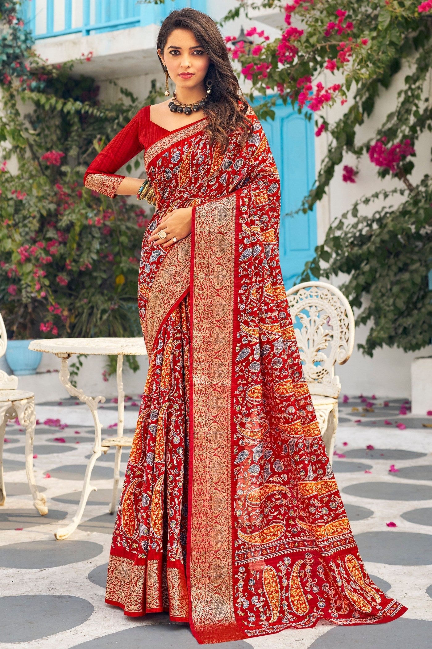 Buy MySilkLove Flush Mahogany Red Banarasi Printed Saree Online