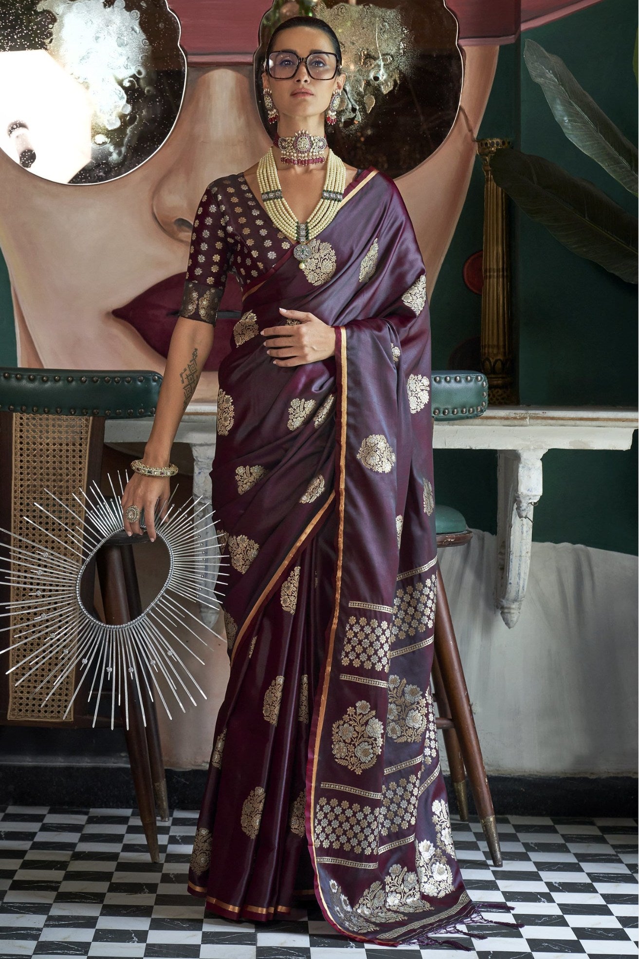 Buy MySilkLove Cocoa Brown Banarasi Handloom Satin Saree Online