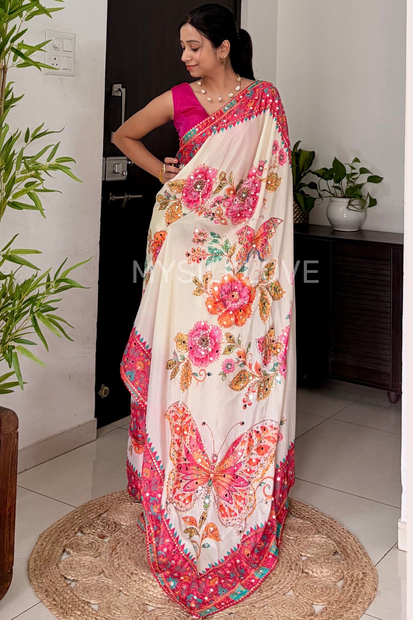 Buy MySilkLove Frost White Chinon Floral Partywear Printed Mirror Work Saree Online