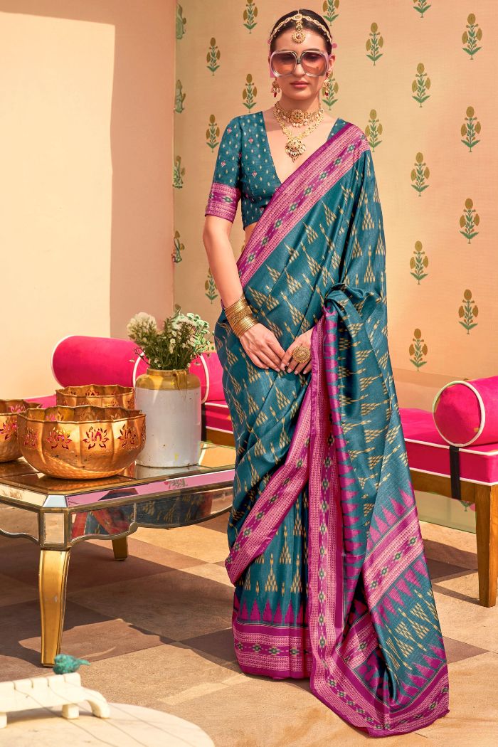 Buy MySilkLove Water Blue Printed Banarasi Soft Silk Saree Online