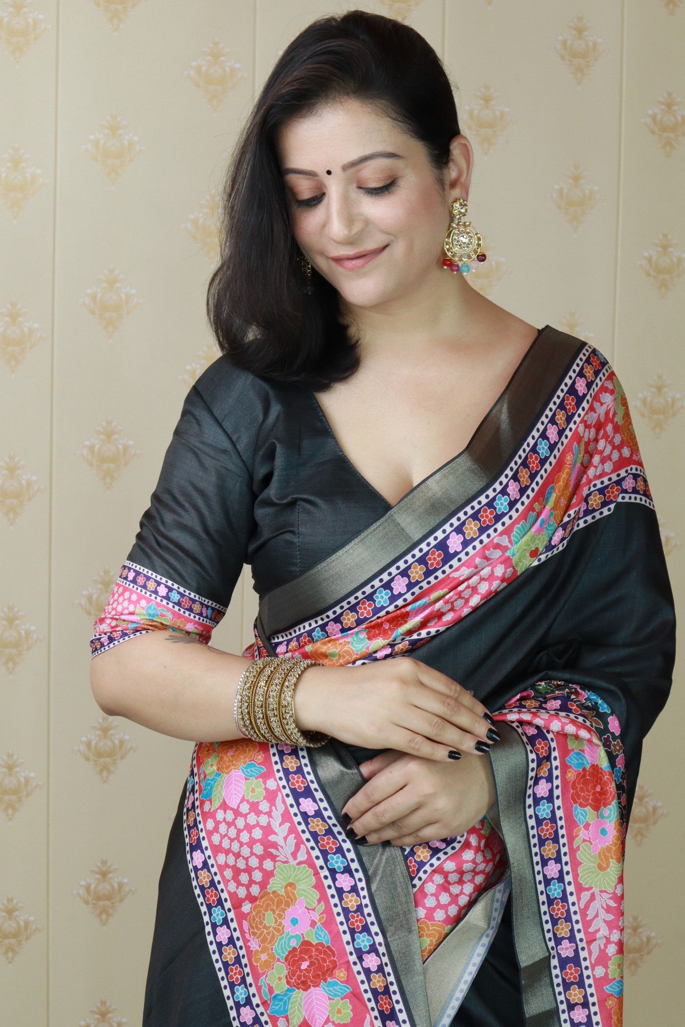 MySilkLove Tuna Black Banarasi Printed Saree