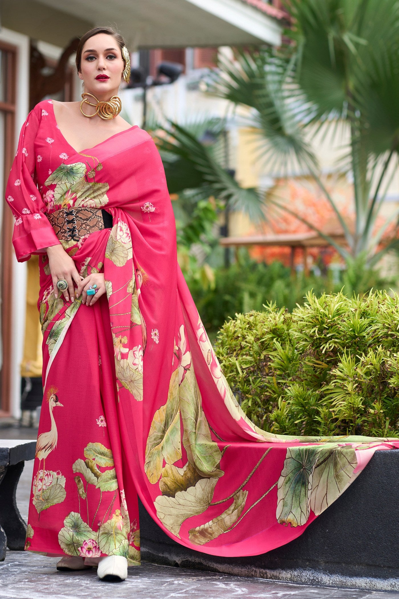 Buy MySilkLove Strawberry Pink Printed Georgette Saree Online