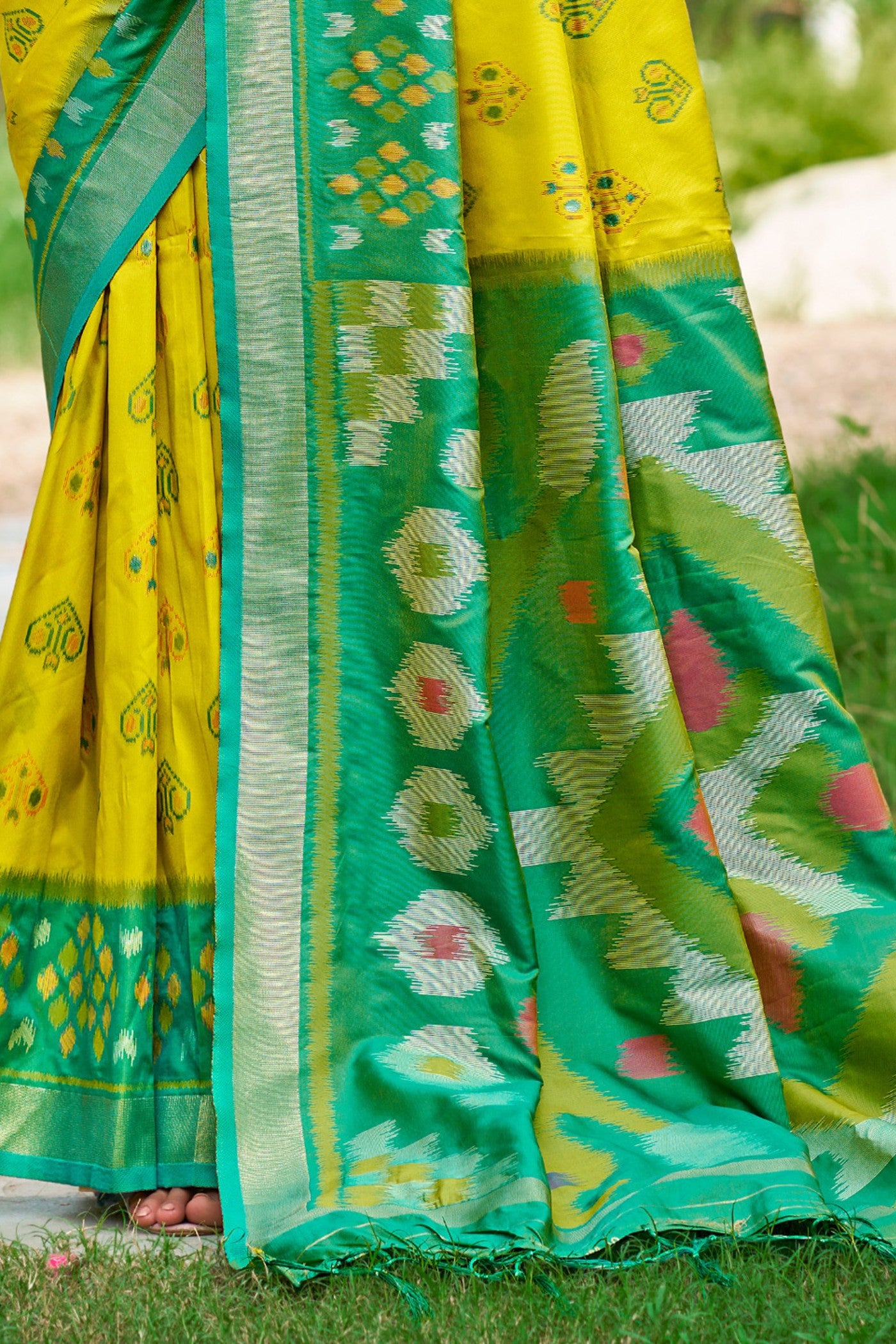 Buy MySilkLove Paint Yellow Ikkat Soft Silk Saree Online