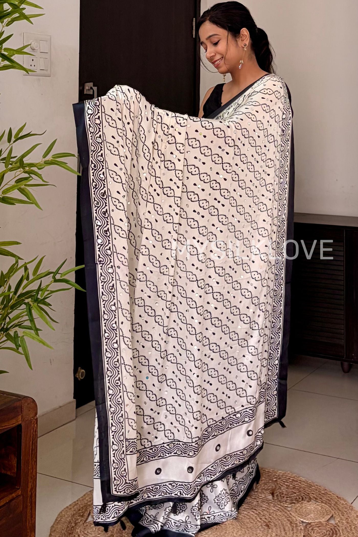 Buy MySilkLove Coconut White and Black Satin Printed Silk Saree Online