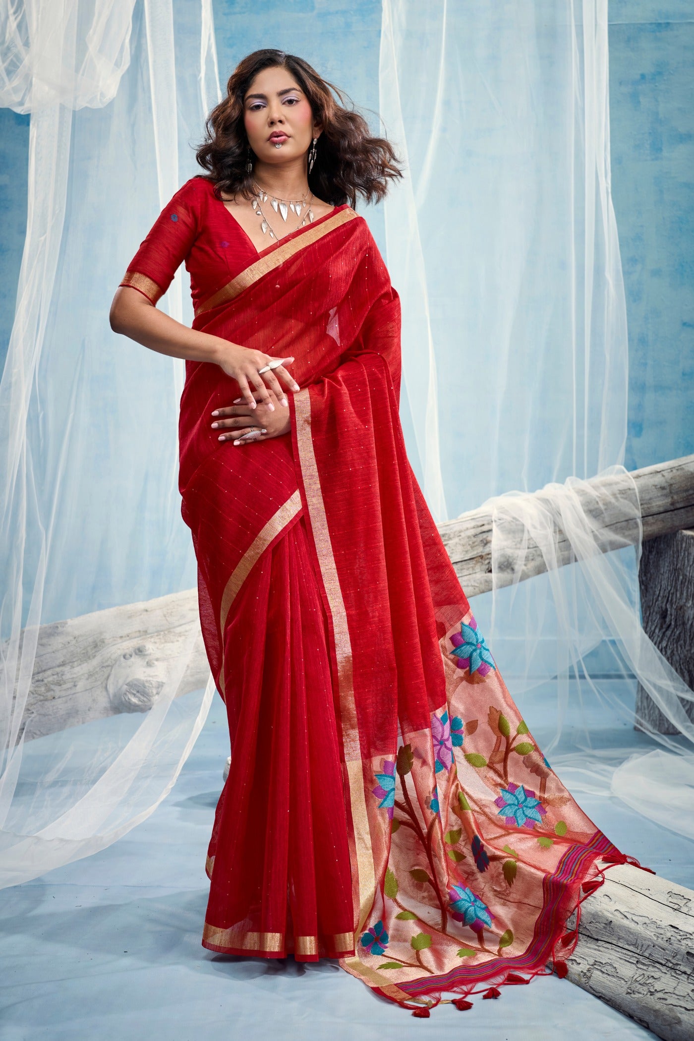 Buy MySilkLove Tomato Red Munga Handloom Tissue Pallu Saree Online