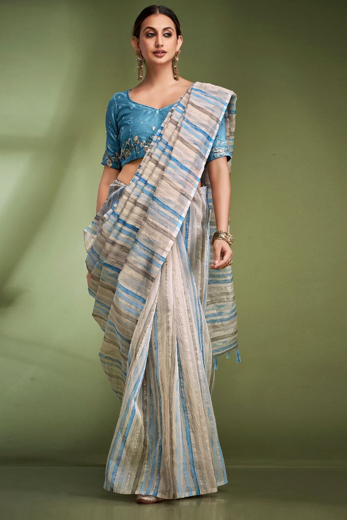 Buy MySilkLove Water Blue Woven Tissue Saree Online