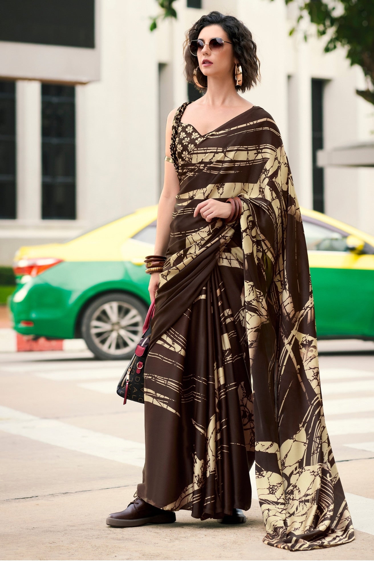 Buy MySilkLove Cold Coffe Brown Printed Satin Crepe Saree Online